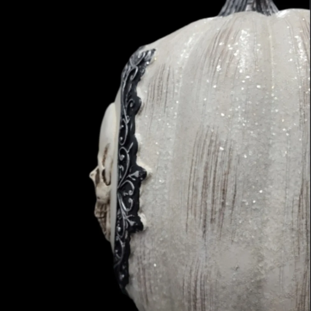 Sparkly White Pumpkin Gothic Framed 3D Skeleton Skull Head Halloween Day Of Dead